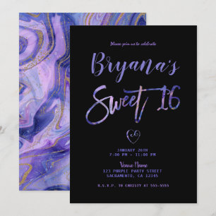 Invitation Fête Sweet 16 Chic et Glamour Marbre Noir Or Viole