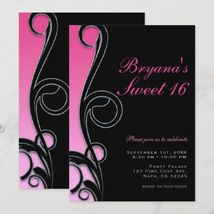 Invitation Fête Sweet 16 Chic Glamour Rose & Noir en Spirale