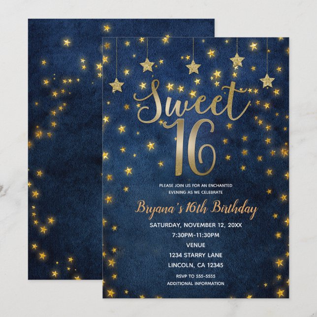 Invitation Fête Sweet 16 Ciel Céleste Étoiles Bleues et Dorée (Devant / Derrière)