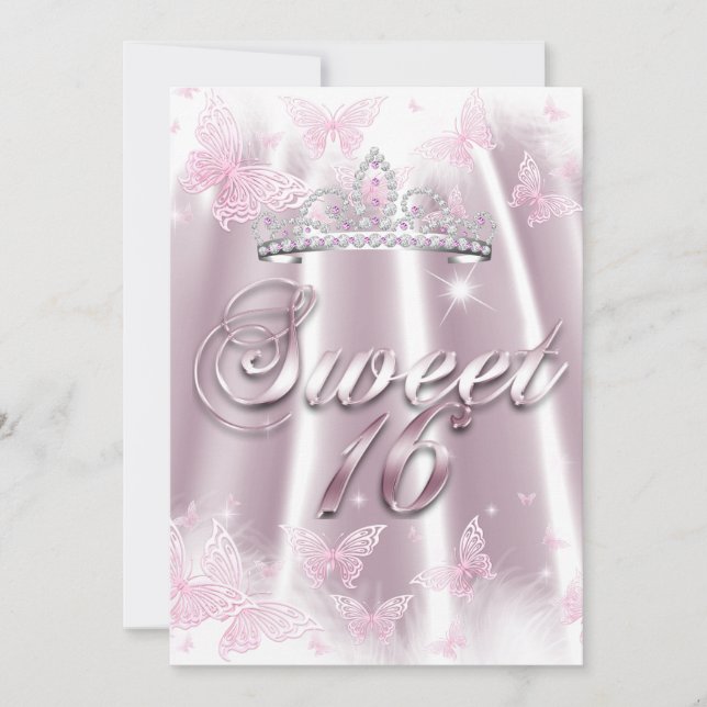 Invitation Fête Sweet 16 Couronne Rose Blanc Papillon Soie (Devant)