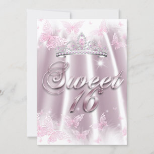 Invitation Fête Sweet 16 Couronne Rose Blanc Papillon Soie
