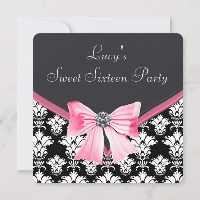 Invitation Fête Sweet 16 Damask Noir Rose (Devant)