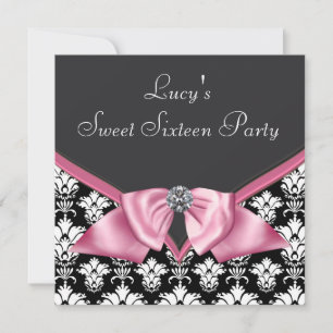 Invitation Fête Sweet 16 Damassé Rose Noir