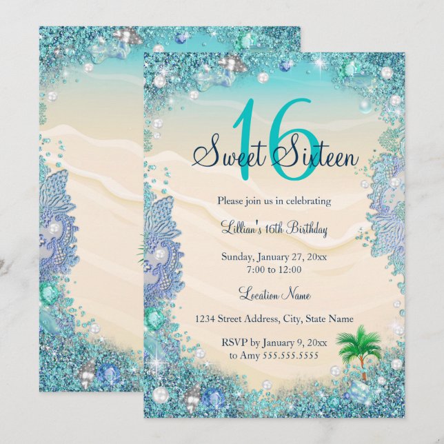 Invitation Fête Sweet 16 de perles de sable d'océan d'eau ble (Devant / Derrière)