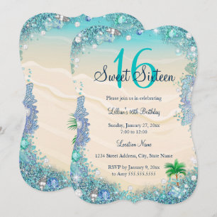Invitation Fête Sweet 16 Eau Bleue Turquoise Océan Sable Perl