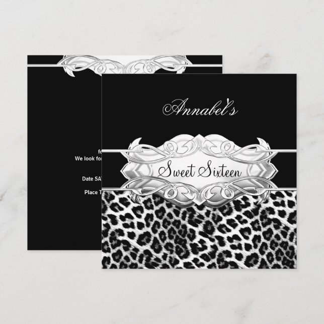 Invitation Fête Sweet 16 Élégant Léopard Noir Blanc (Devant / Derrière)