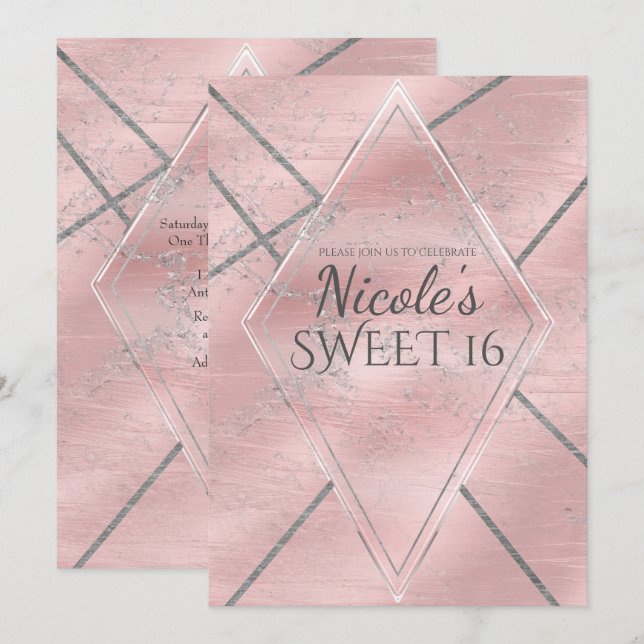 Invitation Fête Sweet 16 en satin rose et argent pailleté Gla (Devant / Derrière)