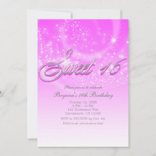 Invitation Fête SWEET 16 Étoiles Rose et Argent Paillettes