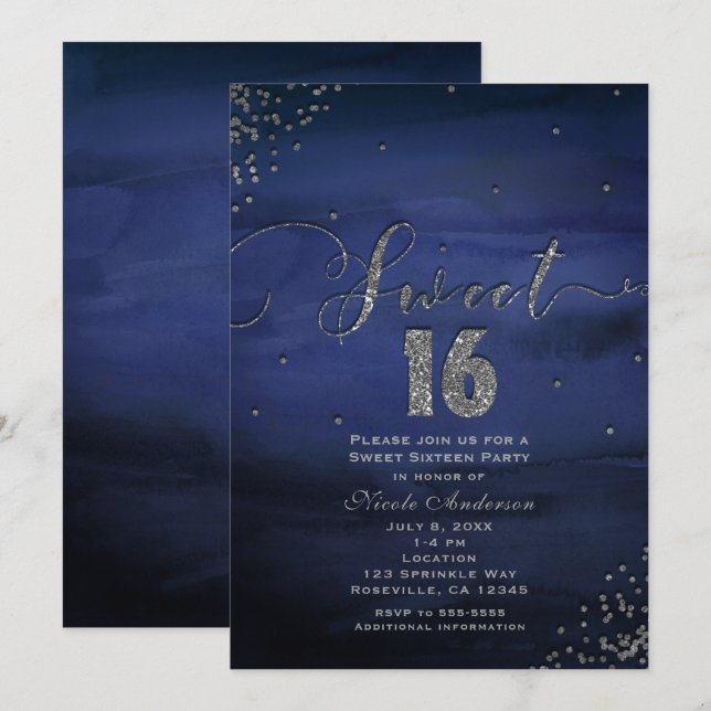 Invitation Fête SWEET 16 Glam Moderne Aquarelle Bleu Argent (Devant / Derrière)