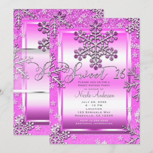 Invitation Fête SWEET 16 Hot Pink Pailleté Flocons de neige d (Devant / Derrière)
