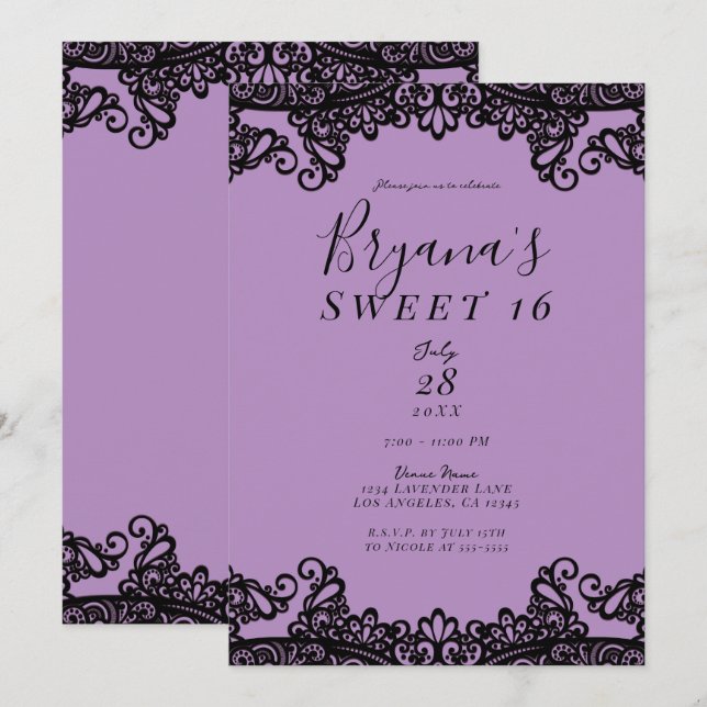 Invitation Fête Sweet 16 Lavande Pourpre et Dentelle Noire (Devant / Derrière)