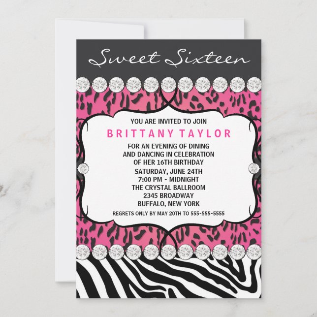 Invitation Fête Sweet 16 Léopard Rose Zèbre (Devant)