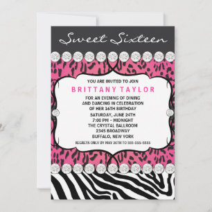 Invitation Fête Sweet 16 Léopard Rose Zèbre