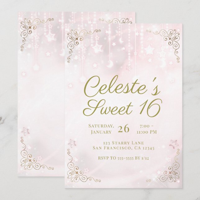 Invitation Fête Sweet 16 Lueur Rose et Or Céleste Étincelante (Devant / Derrière)