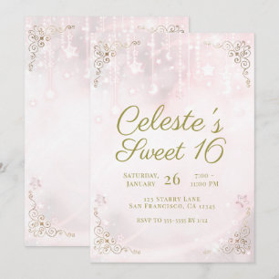 Invitation Fête Sweet 16 Lueur Rose et Or Céleste Étincelante