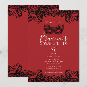 Invitation Fête Sweet 16 Mascarade Rouge Noir Dentelle Chance