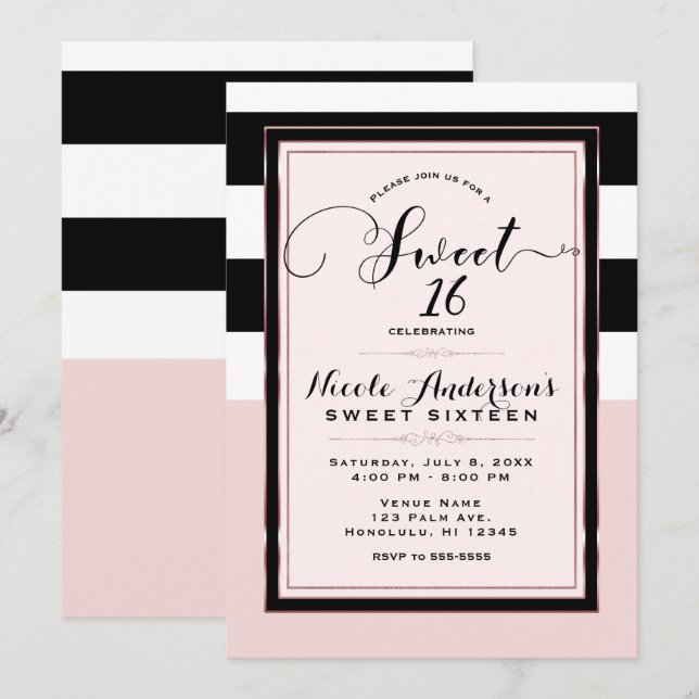 Invitation Fête Sweet 16 Moderne Rose Noir et Blanc Rayures (Devant / Derrière)