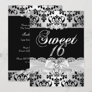 Invitation Fête Sweet 16 Noir Argent Damassé Nœud Perle