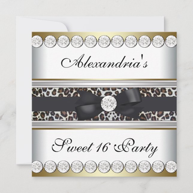Invitation Fête Sweet 16 Noir Blanc Or Léopard (Devant)