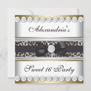 Invitation Fête Sweet 16 Noir Blanc Or Léopard