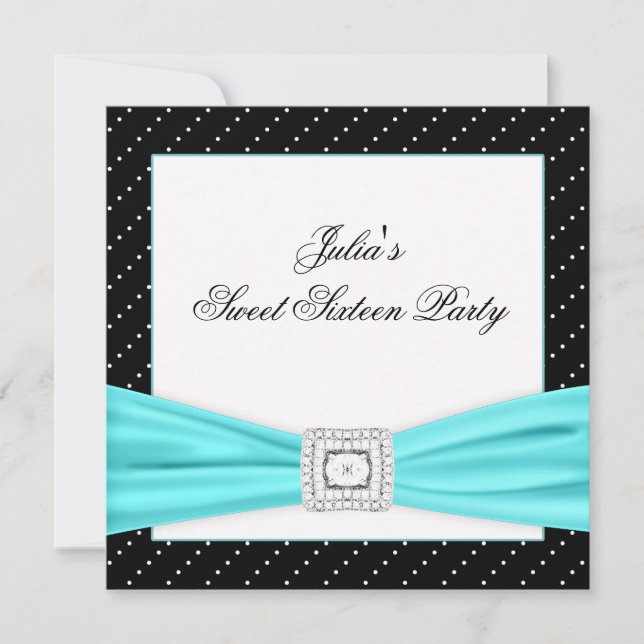 Invitation Fête Sweet 16 Noir Blanc Teal (Devant)