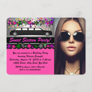 Invitation Fête Sweet 16 Noir Limo Rose Chaud Photo