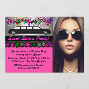 Invitation Fête Sweet 16 Noir Limo Rose Chaud Photo