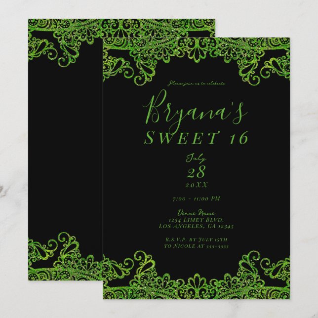 Invitation Fête Sweet 16 Noir Paillettes Vert Citron Étincela (Devant / Derrière)