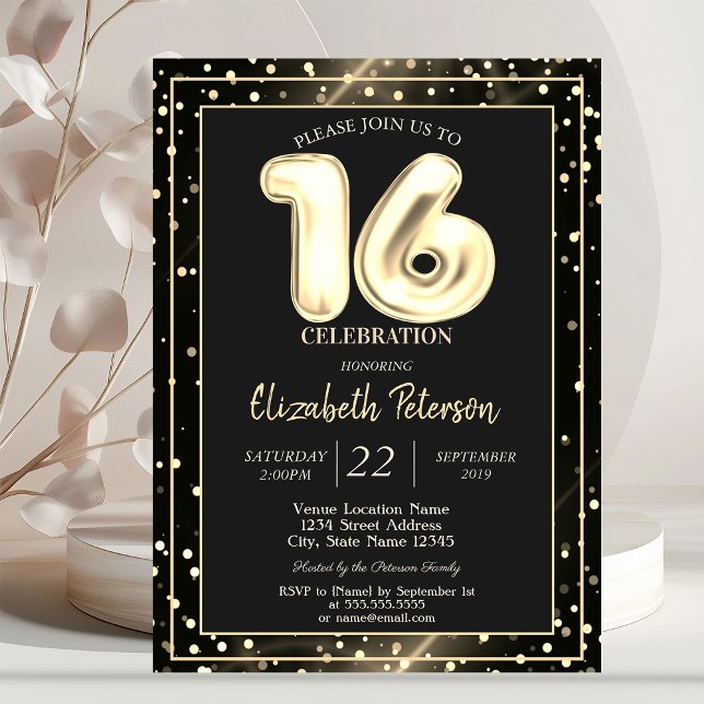 Invitation Fête Sweet 16 Noir Points Dorés (Créateur téléchargé)