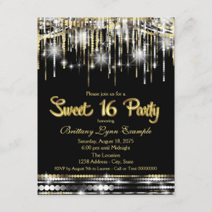 Invitation Fête Sweet 16 noire et dorée