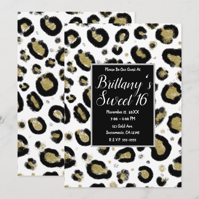 Invitation Fête Sweet 16 Paillettes Or Blanc & Léopard Noir (Devant / Derrière)