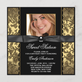 Invitation Fête Sweet 16 Photo Damier Noir Or
