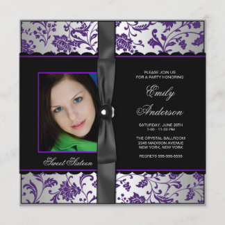 Invitation Fête Sweet 16 Photo Damier Noir Violet
