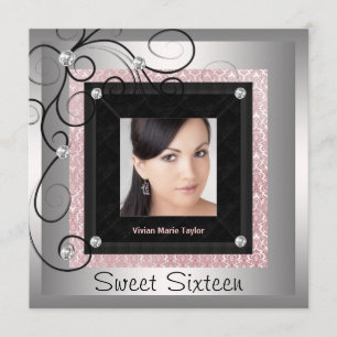 Invitation Fête Sweet 16 Photo Rose Argent Noir Damassé
