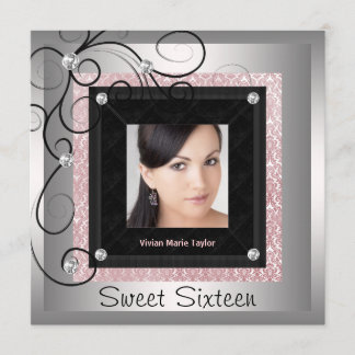 Invitation Fête Sweet 16 Photo Rose Argent Noir Damassé