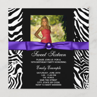 Invitation Fête Sweet 16 Photo Zèbre Violet