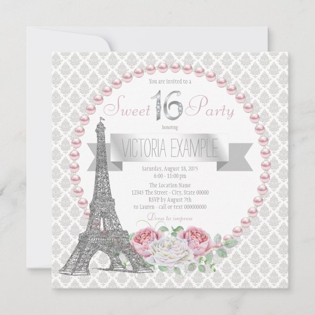 Invitation Fête Sweet 16 Pink Pearl Paris (Devant)