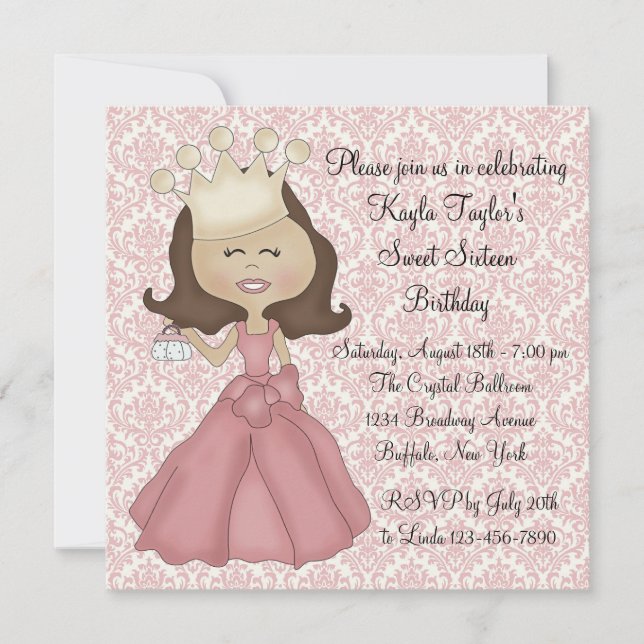 Invitation Fête Sweet 16 Princesse Damassé Rose (Devant)