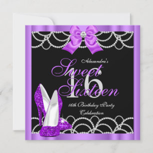 Invitation Fête Sweet 16 Purple Glitter Noir