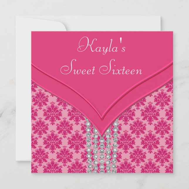 Invitation Fête Sweet 16 Rose Chaud Damassé (Devant)