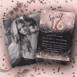 Invitation fête Sweet 16 Rose Gold Pailleté & Noir
