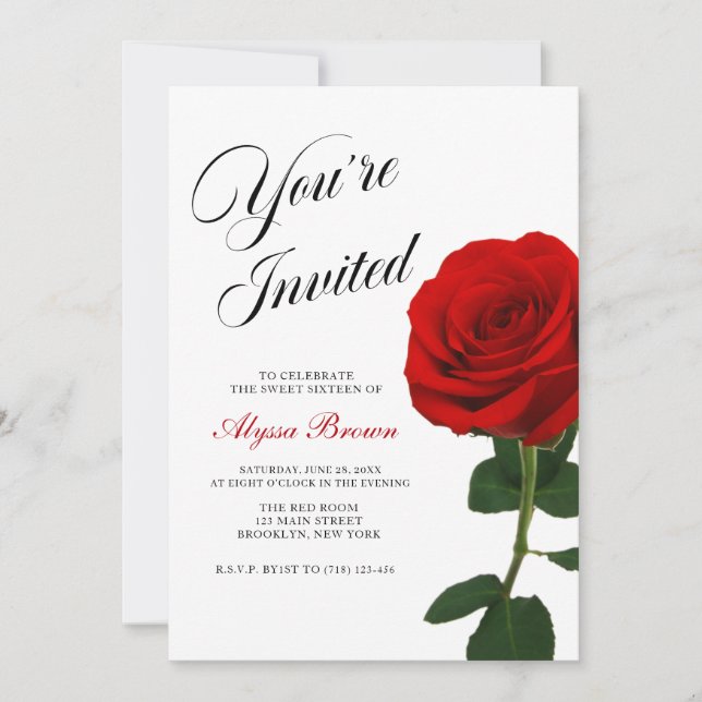 Invitation Fête Sweet 16 Rose Rouge  (Devant)
