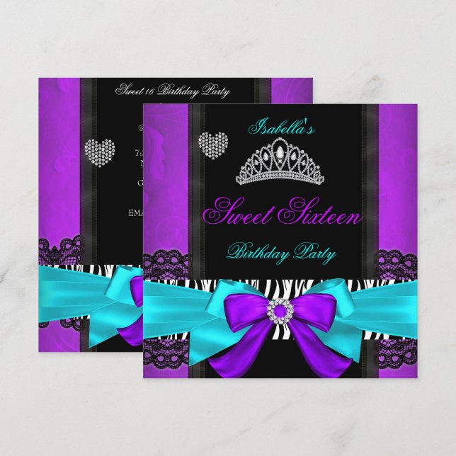 Invitation Fête Sweet 16 Seize Ans Douce Pourpre Turquoise Zè (Devant / Derrière)