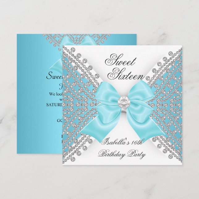Invitation Fête Sweet 16 Seize Bleu Turquoise Blanc Diamant (Devant / Derrière)
