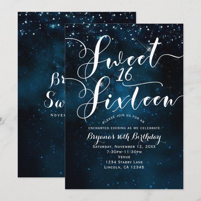 Invitation Fête SWEET 16 Seize Ciel Étoilé Bleu Ciel (Devant / Derrière)