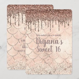Invitation Fête Sweet 16 Sirène Rose Pêche avec Gouttes de Pa