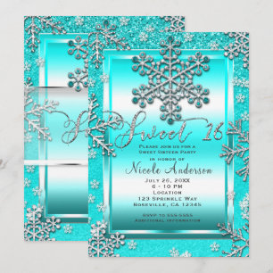 Invitation Fête SWEET 16 Teal Paillettes Glam Flocons de Neig