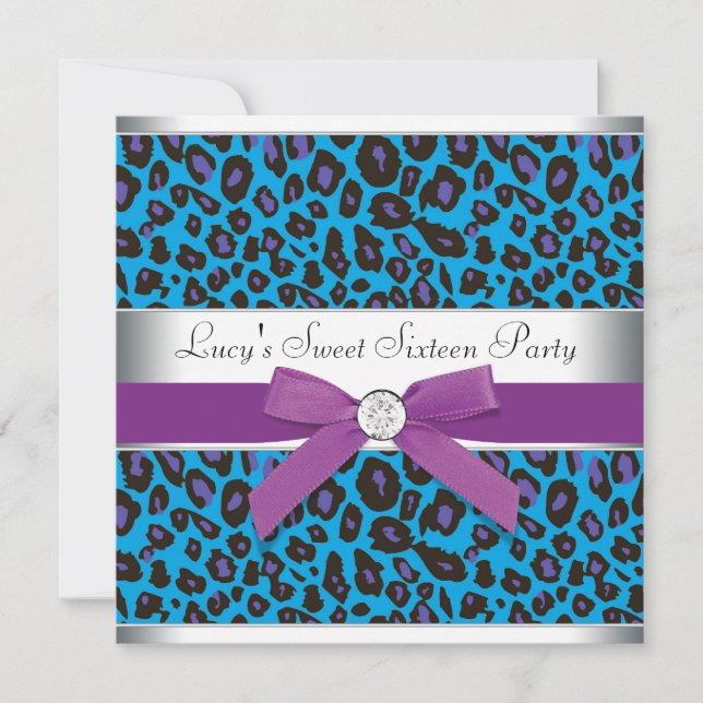 Invitation Fête Sweet 16 Teal Purple Léopard (Devant)