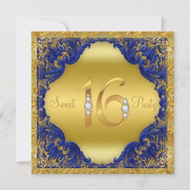 Invitation Fête Sweet 16 Tourbillon Bleu Royal Or (Devant)
