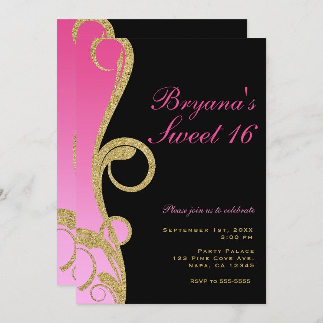 Invitation Fête Sweet 16 Tourbillon Moderne Noir Rose Et Or (Devant / Derrière)